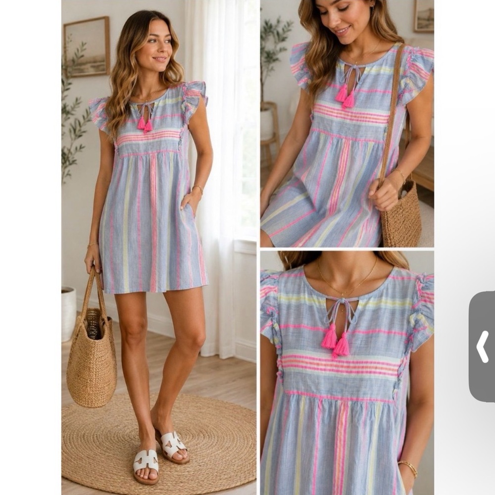 Striped Pastel Tassel Flutter-Sleeve Dress - Pink/Blue